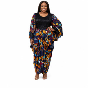 Womens Luxury Abstract Print Maxi Boubou Dress with Gold Monogram Detail