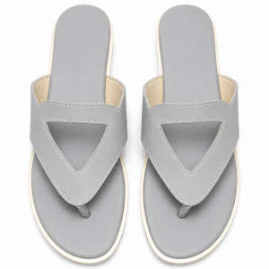 Womens White V Strap Flat Slide Sandals with Decorative Metal Accent