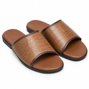 Premium Brown Crocodile Embossed Mens Slide Slippers