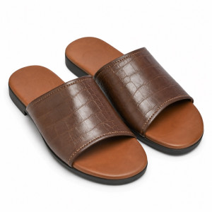 Premium Brown  Crocodile Embossed Mens Slide Slippers