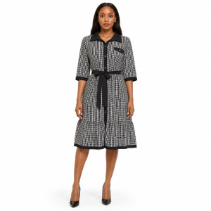 Women Houndstooth Belted Shirt Dress