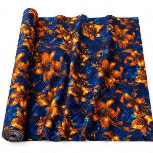 6 Yards of Floral Satin Crepe Vintage Fabric with Orange and Gold Lily Design on Navy Blue