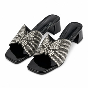 Womens Black Rhinestone Bow Block Heel Slide Sandals