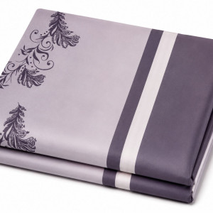 Grey and White Floral Print Bedding Material with Vertical Stripe Design