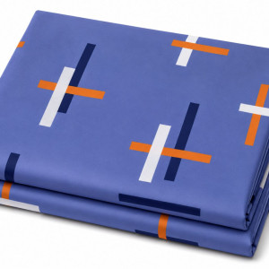 Blue Abstract Geometric Print Bedding Material with Orange and White Linear Pattern