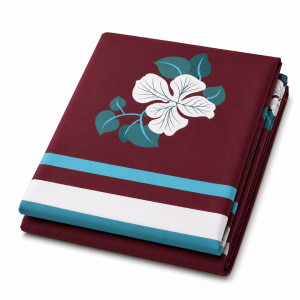 Burgundy Floral Print Bedding Material with White and Teal Border Design