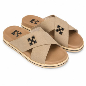 Mens Beige Slide Sandal with Cross Strap Design
