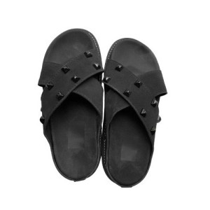 Mens Black Cross Strap Studded Slide Sandals