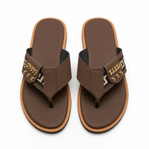 Mens Premium Brown Cross Strap Open Toe Slip On Sandal with Gold Accent