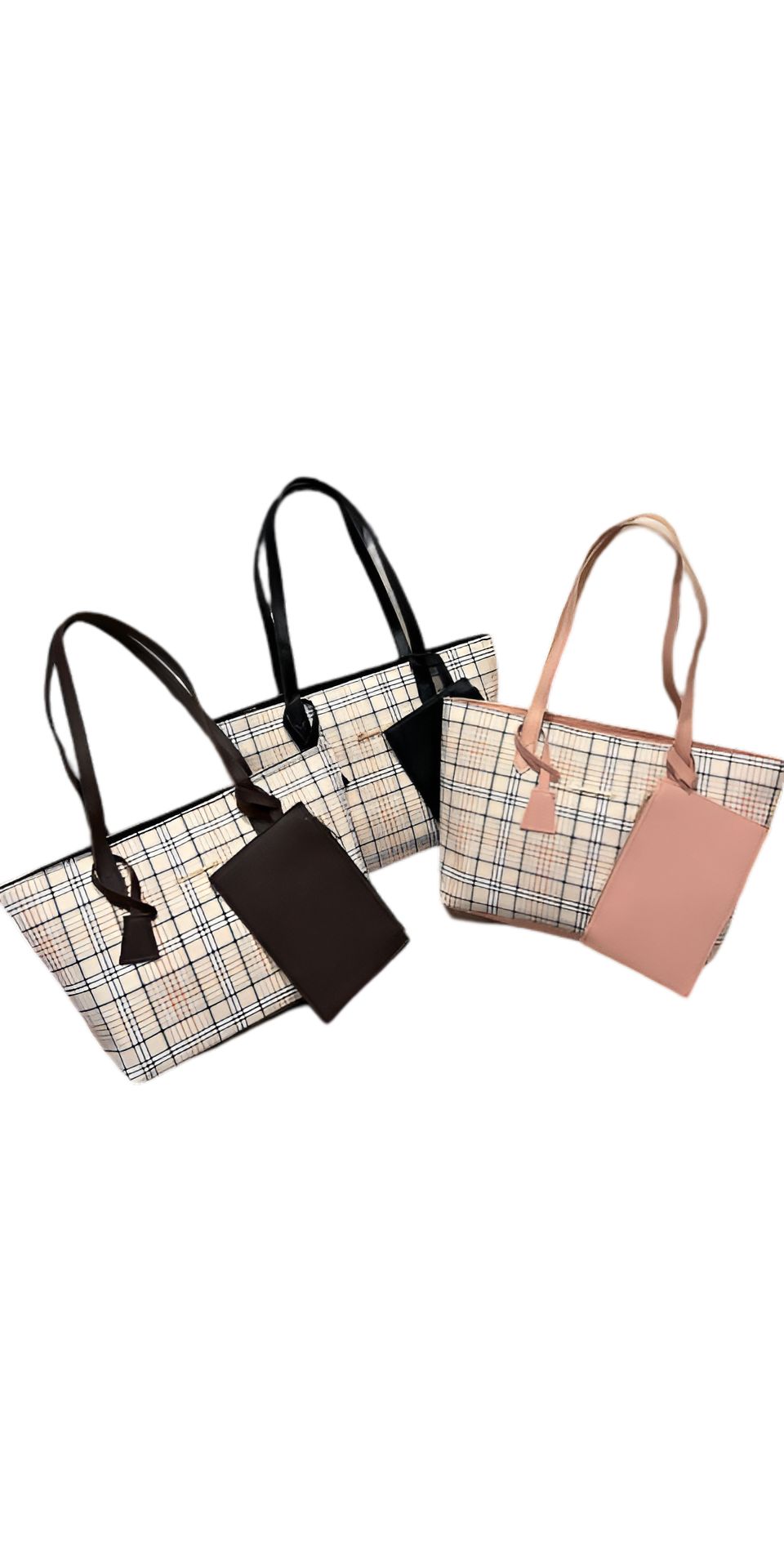 Set of Stylish Plaid Tote Bags with Accent Panels