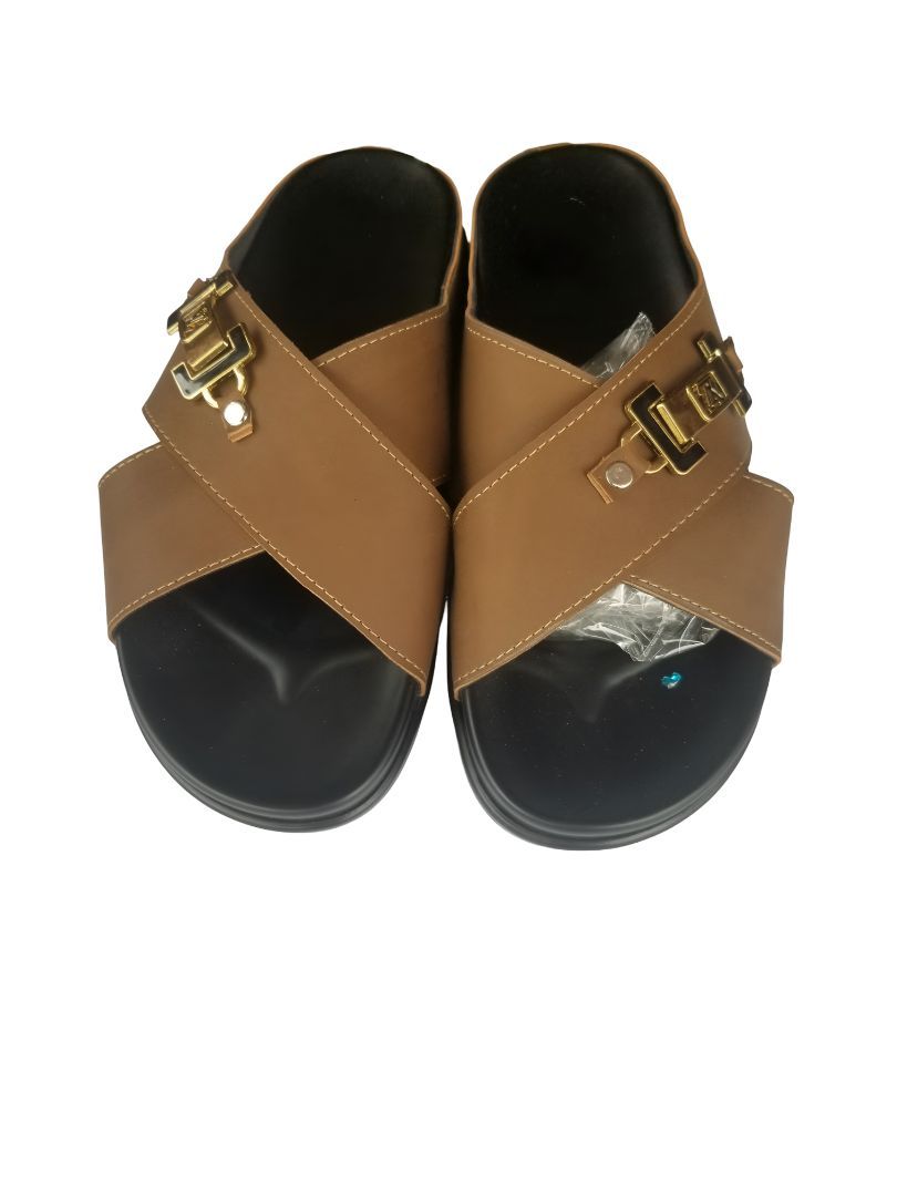 Light brown Men's Slip-On Sandals with Crisscross Straps and Metallic Accents
