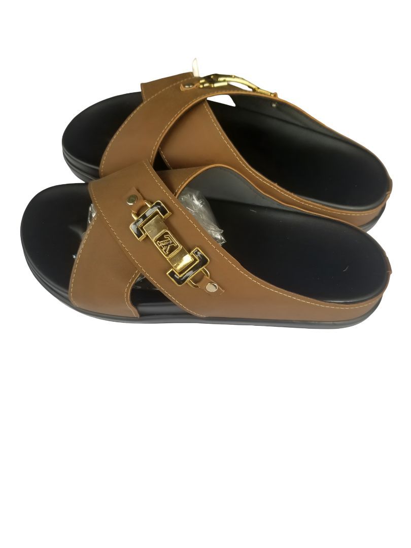 Light brown Men's Slip-On Sandals with Crisscross Straps and Metallic Accents