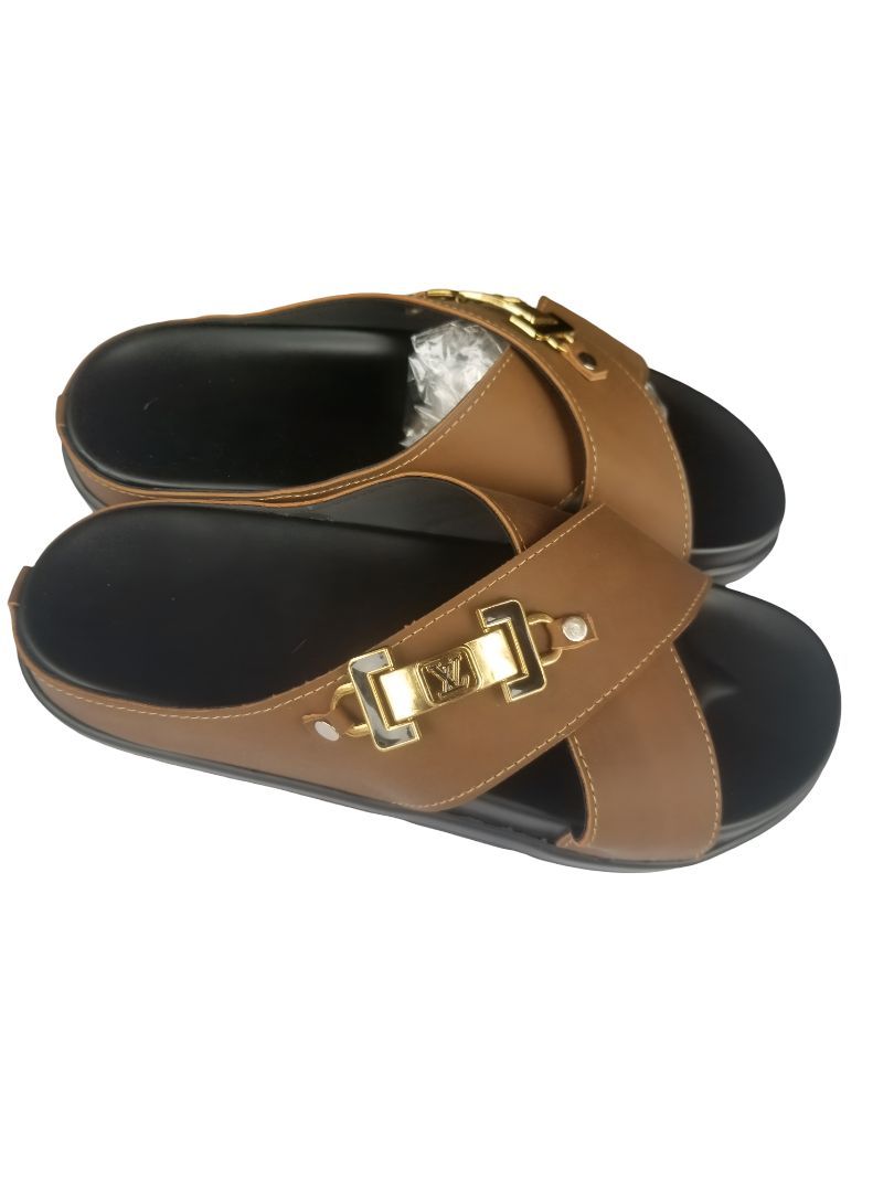 Light brown Men's Slip-On Sandals with Crisscross Straps and Metallic Accents