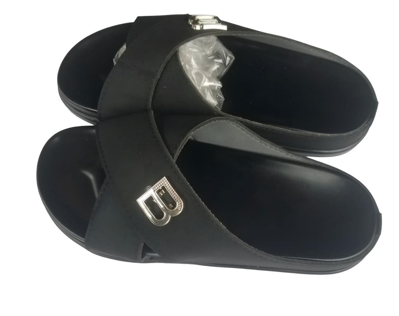 Black Slip-On Sandals with Crisscross Straps and Metallic Embellishment