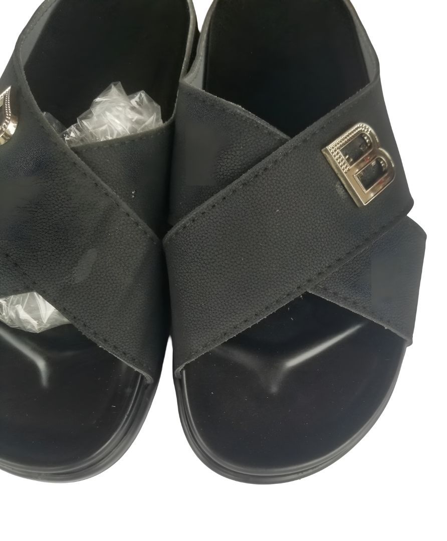Black Slip-On Sandals with Crisscross Straps and Metallic Embellishment