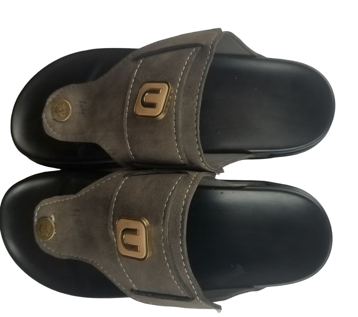 Men's Open-Toe Slip-On Sandals with Brown Leather Upper and Metallic Accents