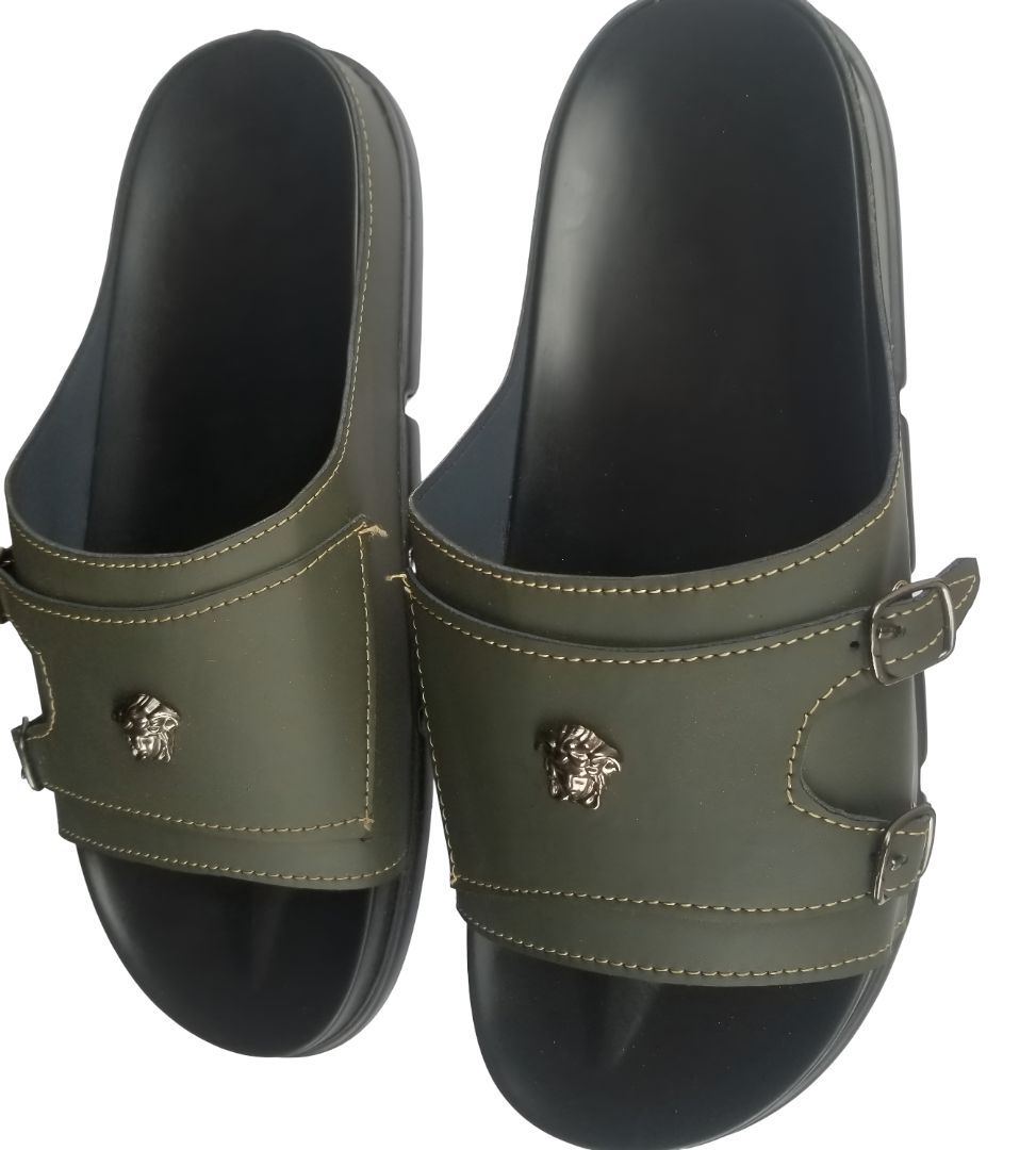 Green Stylish Slip-On Sandals with Lion Emblem