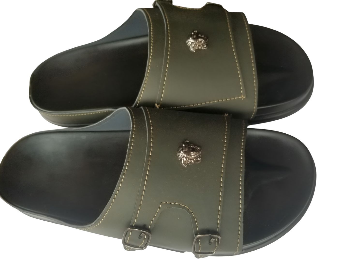 Green Stylish Slip-On Sandals with Lion Emblem