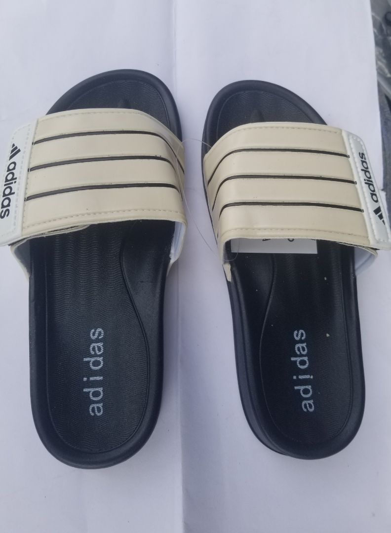Adidas-Inspired Slide Sandals with Beige Strap and Black Stripes