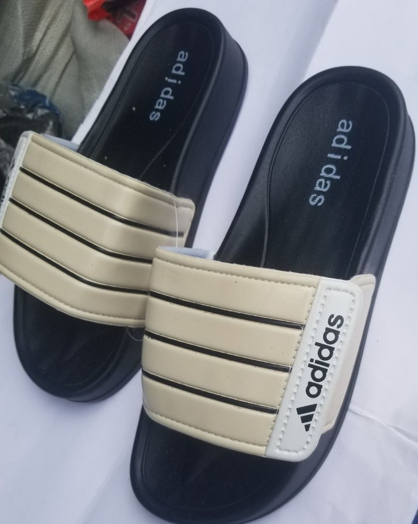 Adidas-Inspired Slide Sandals with Beige Strap and Black Stripes