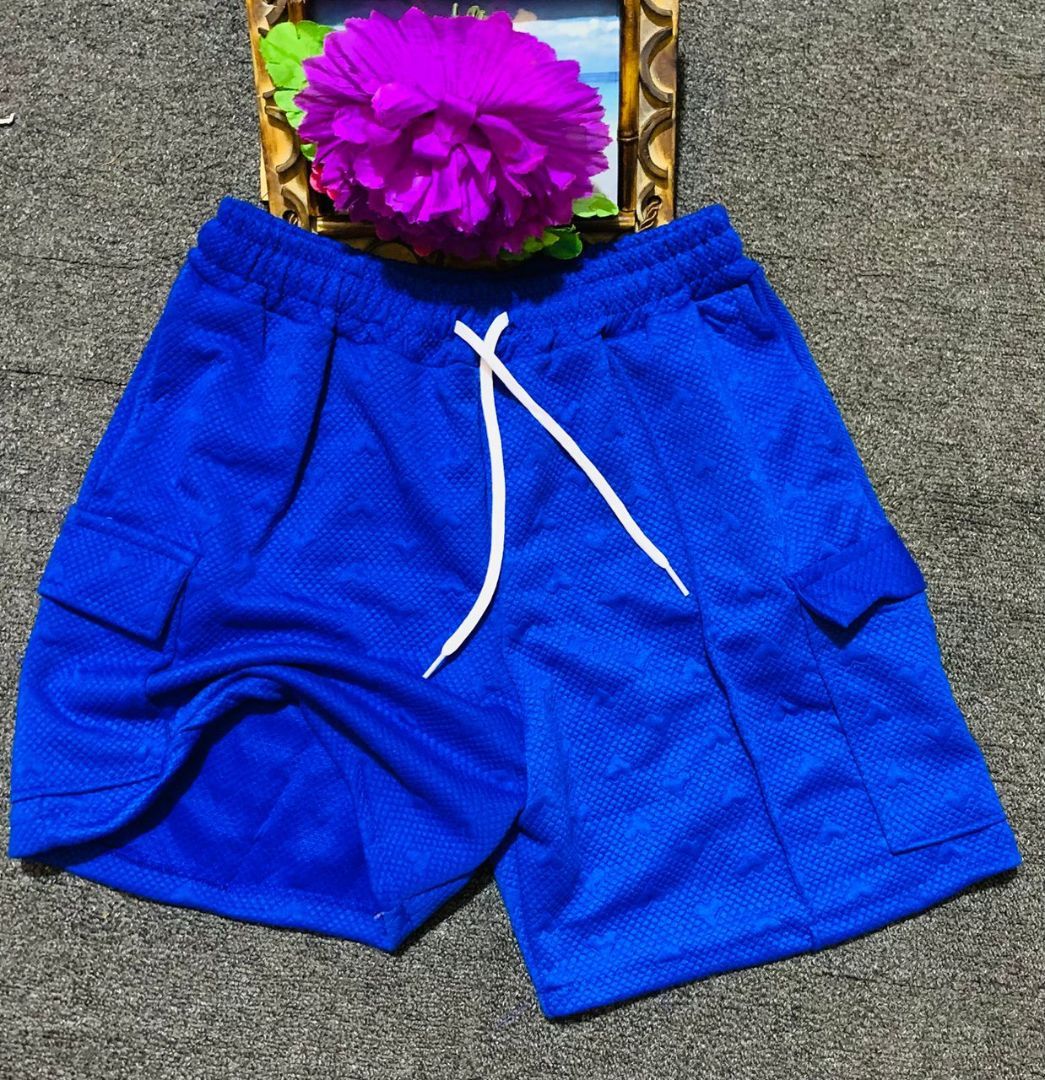 Men’s Casual Blue Textured Cargo Shorts with Drawstring Waist