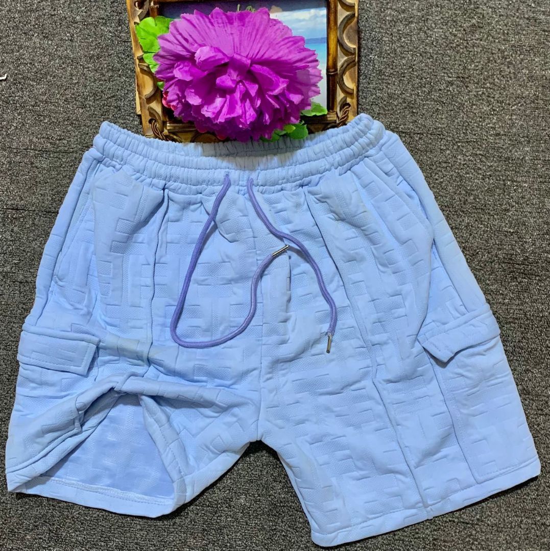 Light Blue Textured Casual Shorts with Elastic Waistband and Cargo Pockets
