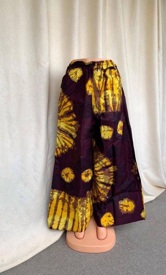 Wide-Leg Batik-Style Pants with Elastic Waistband