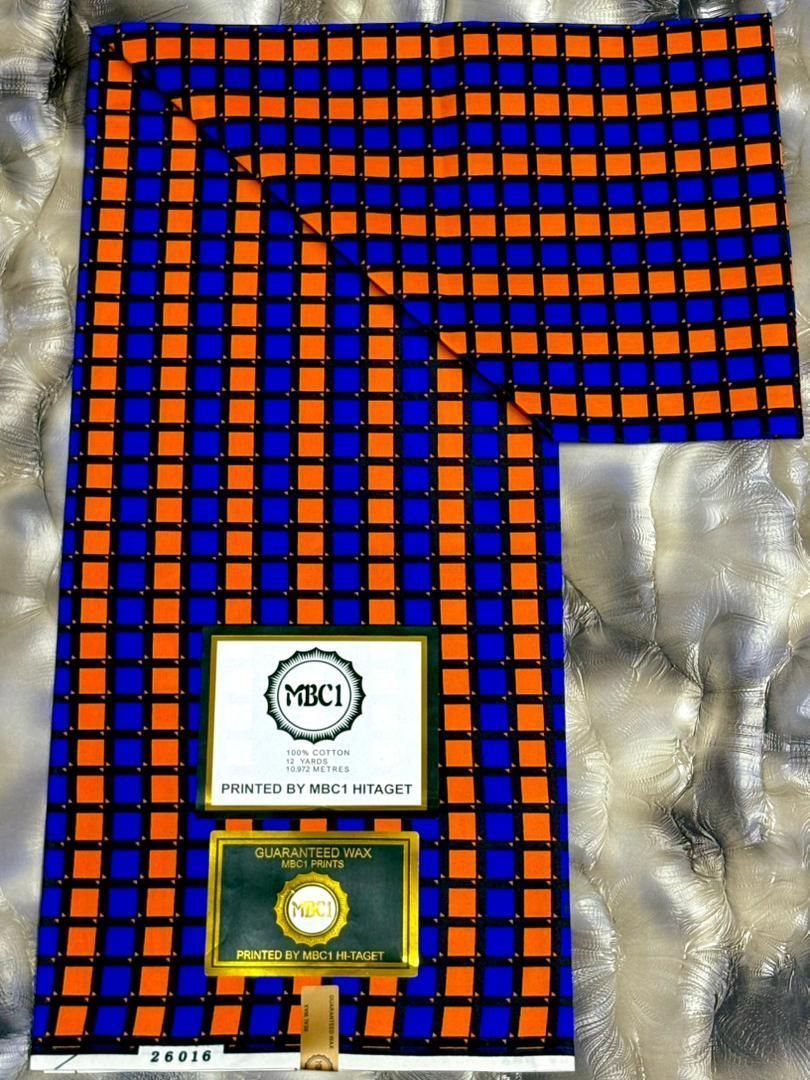 MBCI Geometric Design Ankara Fabric - Orange and Blue Rectangular Pattern