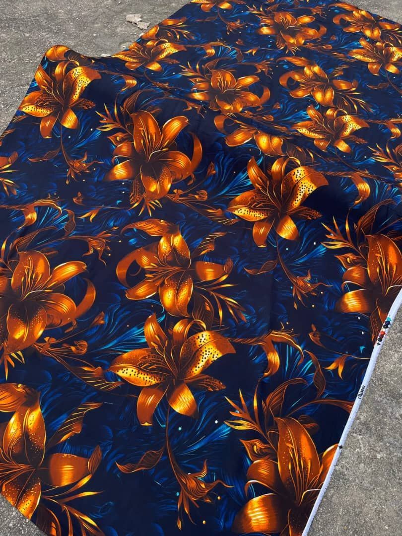 Floral Satin Crepe Vintage Fabric with Orange and Gold Lily Design on Navy Blue