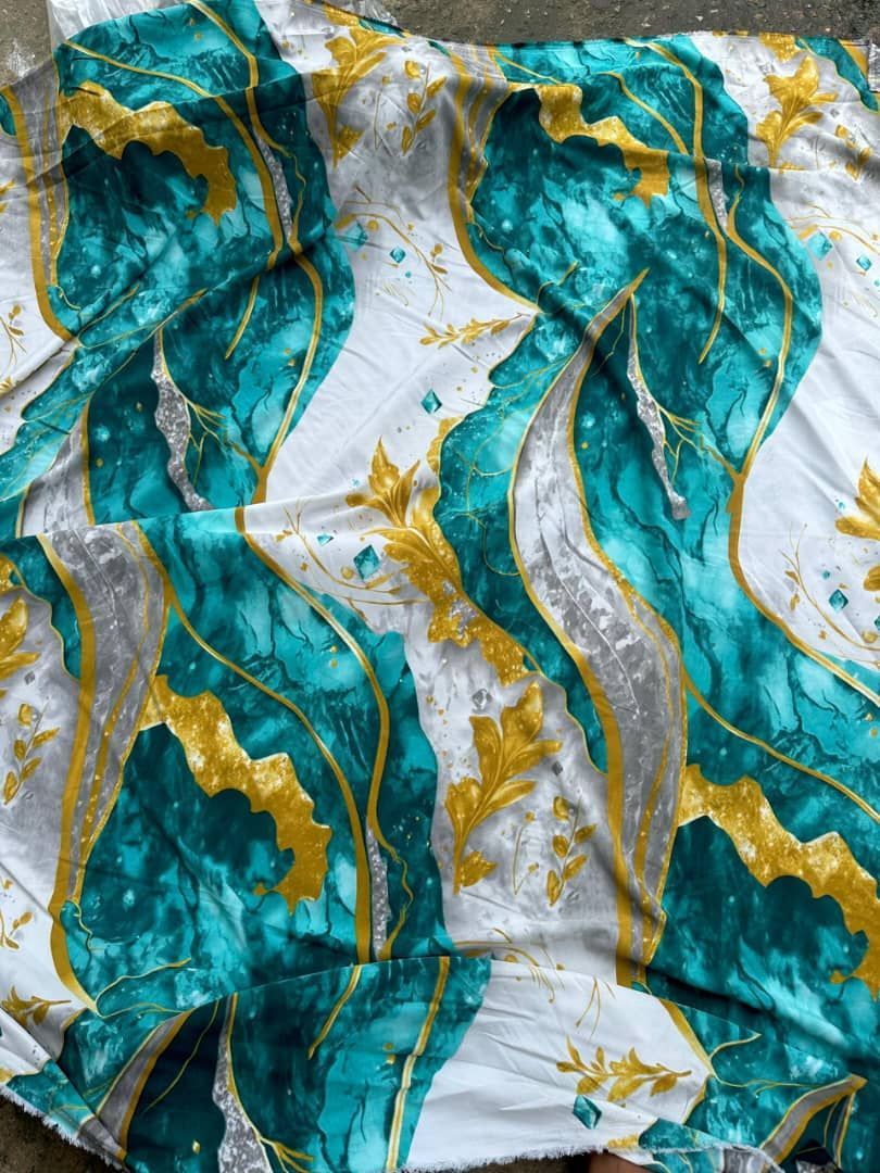 Crepe Vintage Luxurious Teal and Gold Abstract Satin Fabric with Botanical Design
