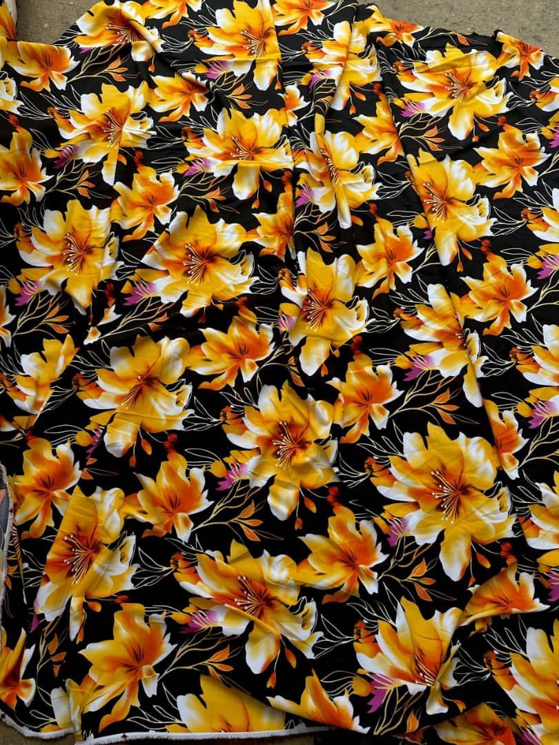 Crepe Vintage Vibrant Floral Print Fabric with Tropical Design