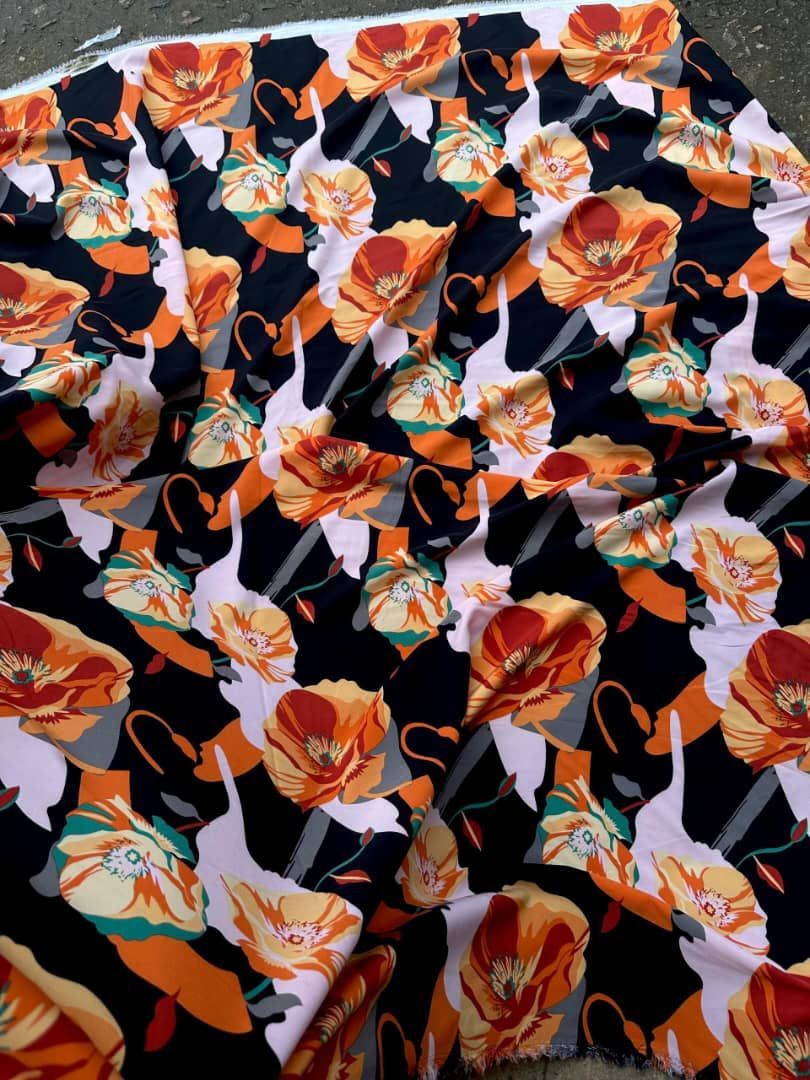 Crepe Vintage Vibrant Floral Print Fabric with Bold Orange and Red Flowers