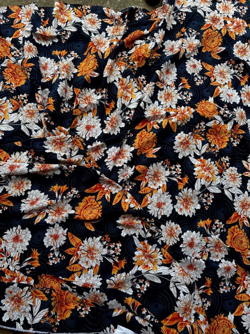 Crepe Vintage Floral Print Fabric with Dark Navy Base