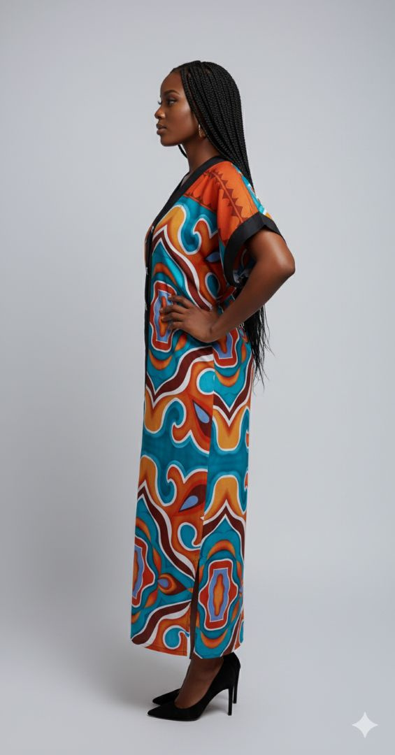 Vibrant Full Length Kaftan Style Dress with Abstract Pattern