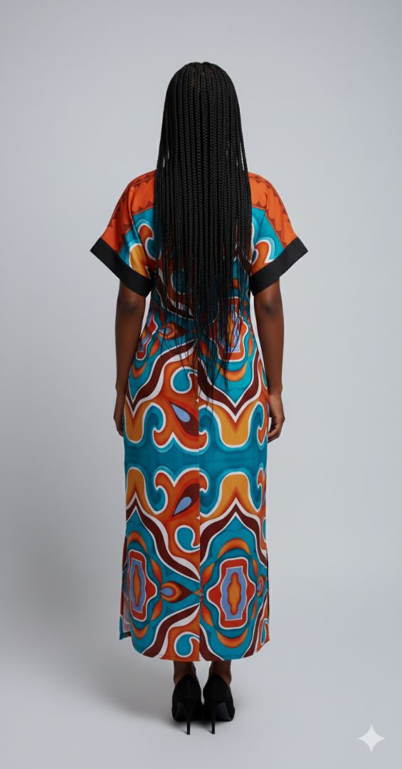 Vibrant Full Length Kaftan Style Dress with Abstract Pattern