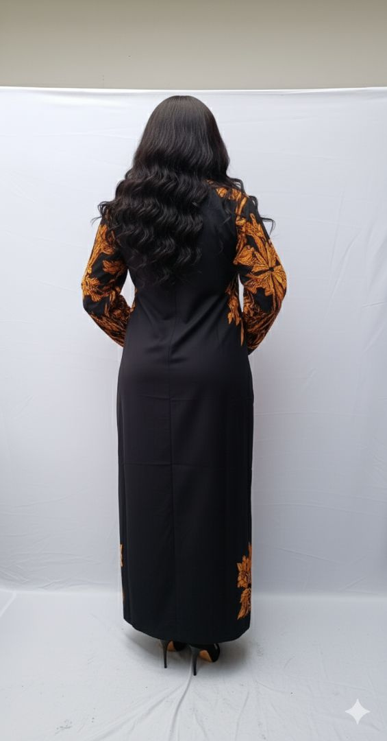 Elegant Black Long Dress with Floral Pattern