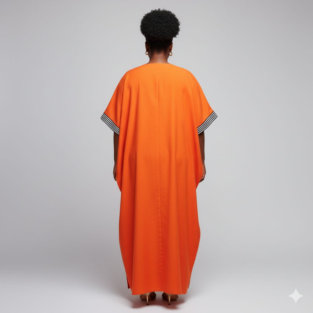 Vibrant Orange Kaftan Style Dress with Striped Cuff Detailing