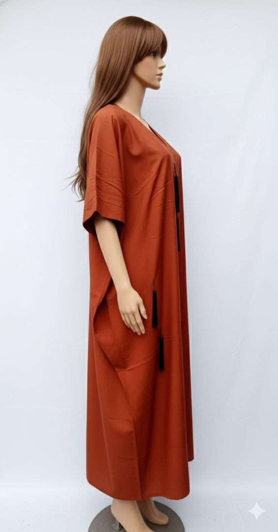 Rust Colored Kaftan Style Dress with Tassel Embellishments
