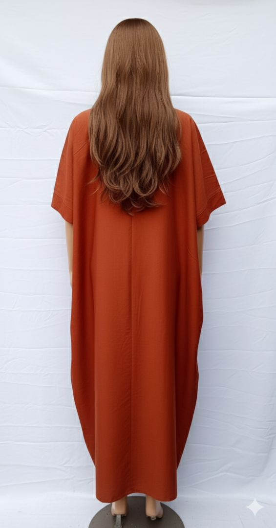 Rust Colored Kaftan Style Dress with Tassel Embellishments