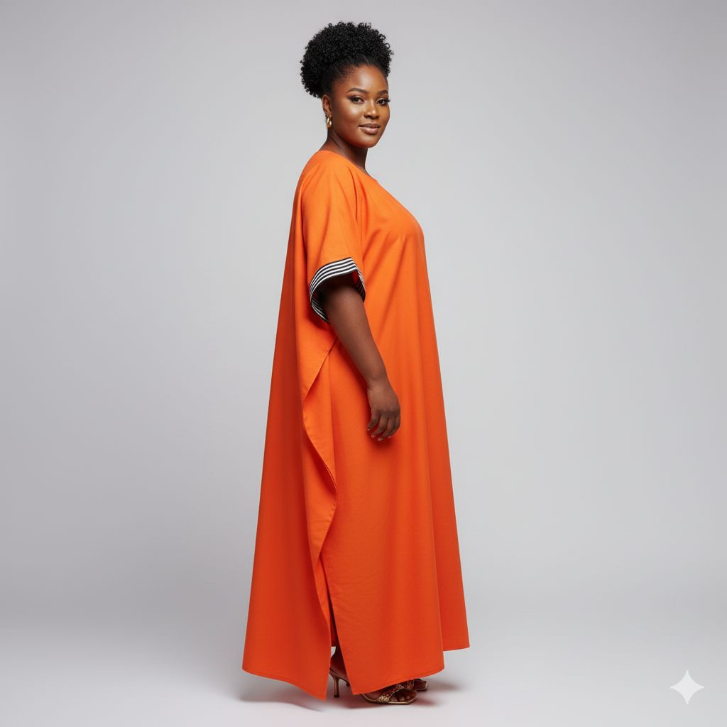 Vibrant Orange Kaftan Style Dress with Striped Cuff Detailing