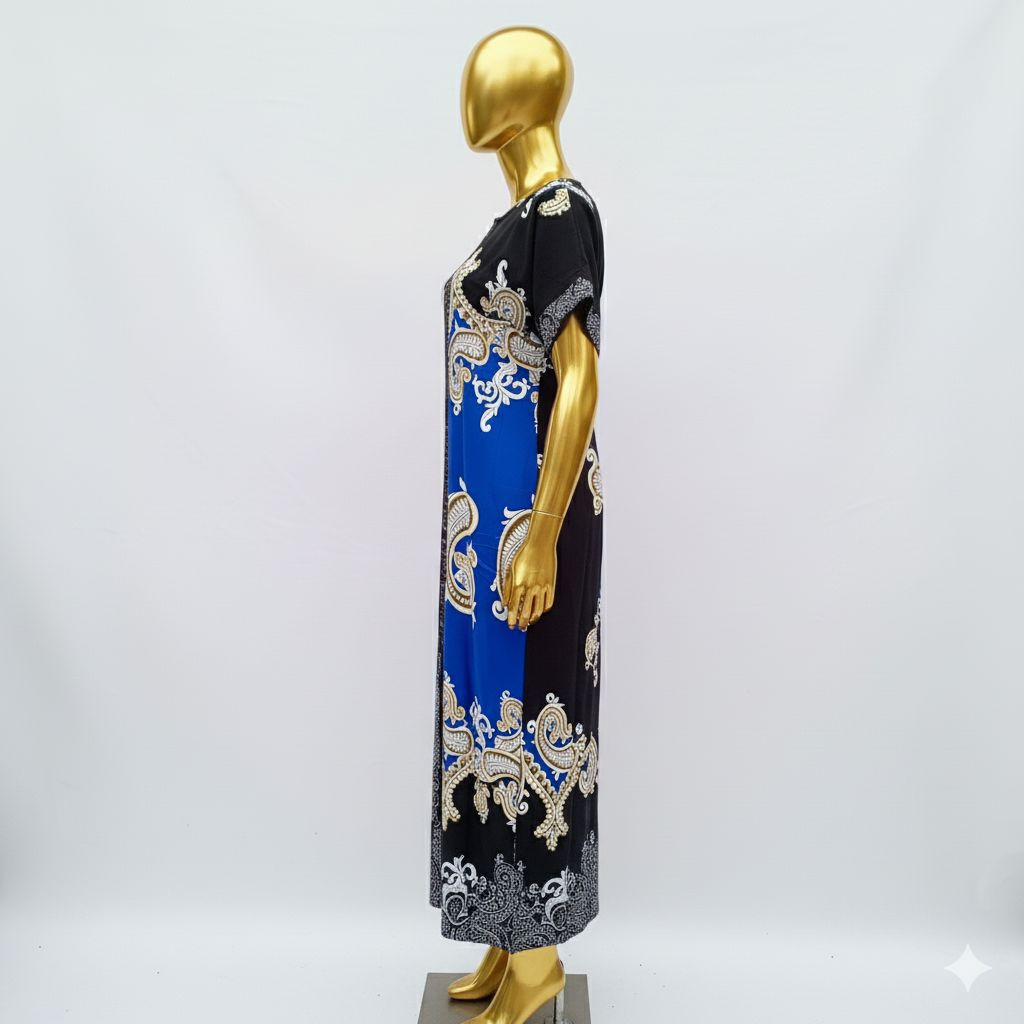 Elegant Long Dress with Black and Royal Blue Paisley Floral Design