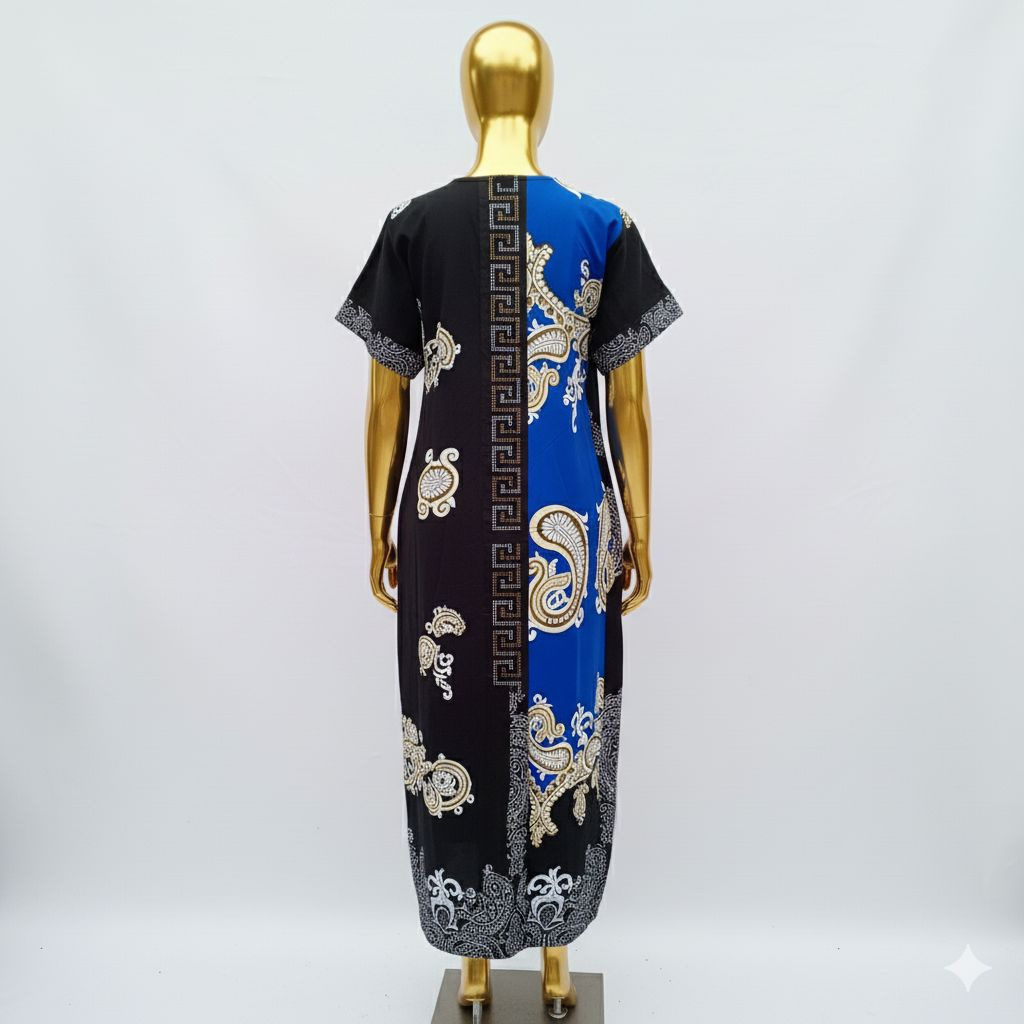 Elegant Long Dress with Black and Royal Blue Paisley Floral Design