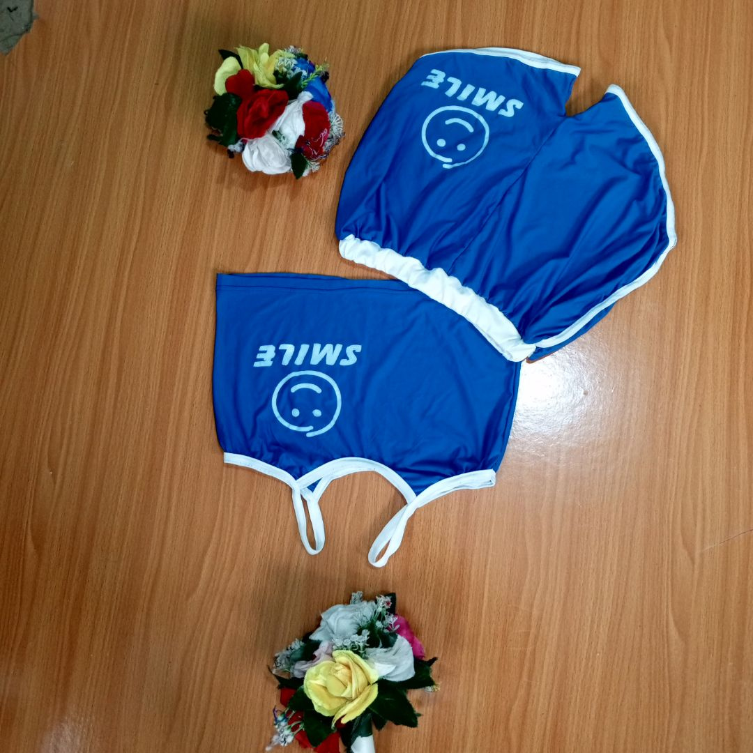 Quality Two Piece Blue Outfit with White Accents Sleeveless Top and Matching Shorts