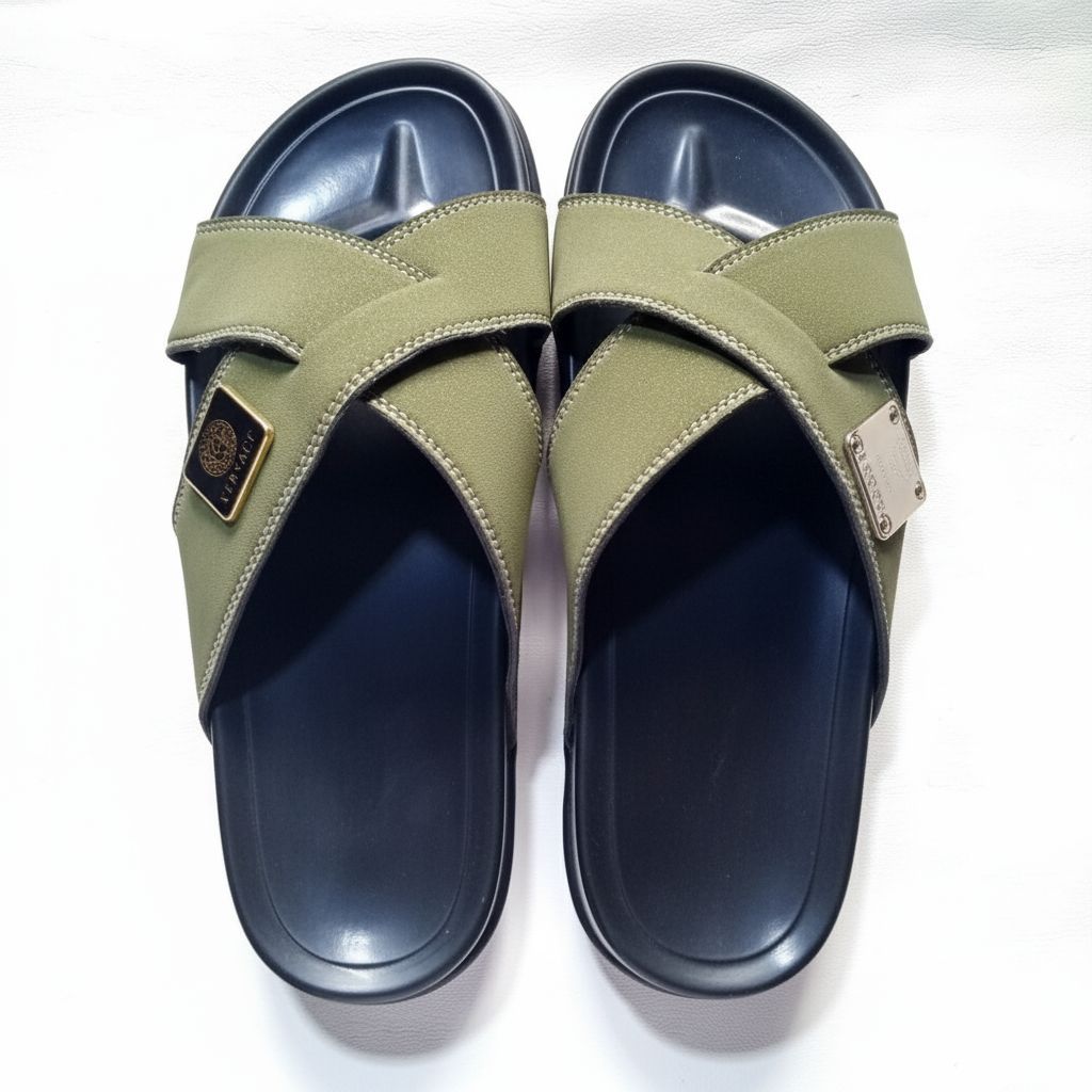 Quality Men Olive Green Criss Cross Slide Sandals with Logo Plaque