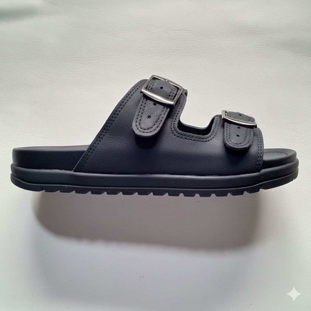 Quality men Black Double buckle Two Strap Comfort Slide