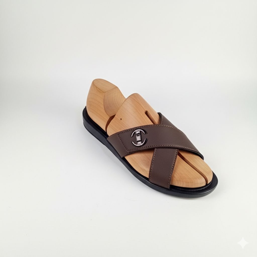 Men Brown Criss Cross Slide Sandal with Logo Emblem