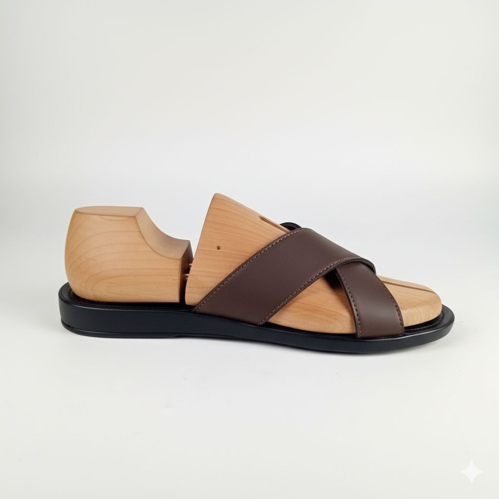 Men Brown Criss Cross Slide Sandal with Logo Emblem
