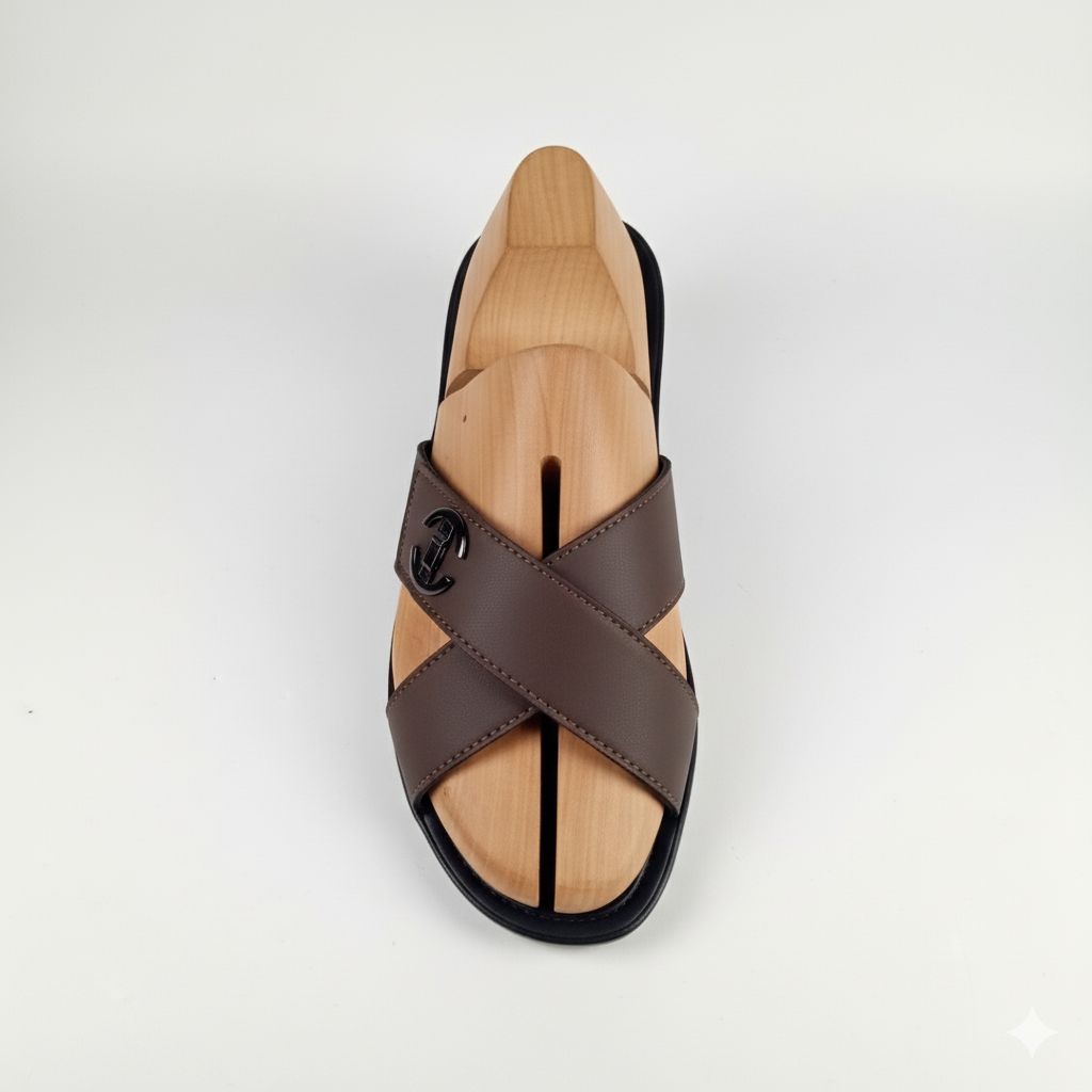 Men Brown Criss Cross Slide Sandal with Logo Emblem