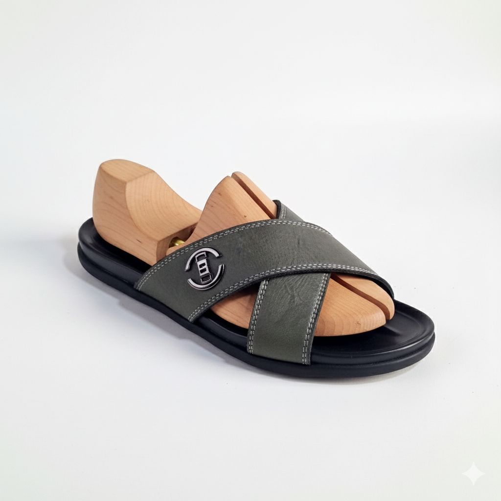Quality Men Olive Criss Cross Slide Sandal with Logo Emblem