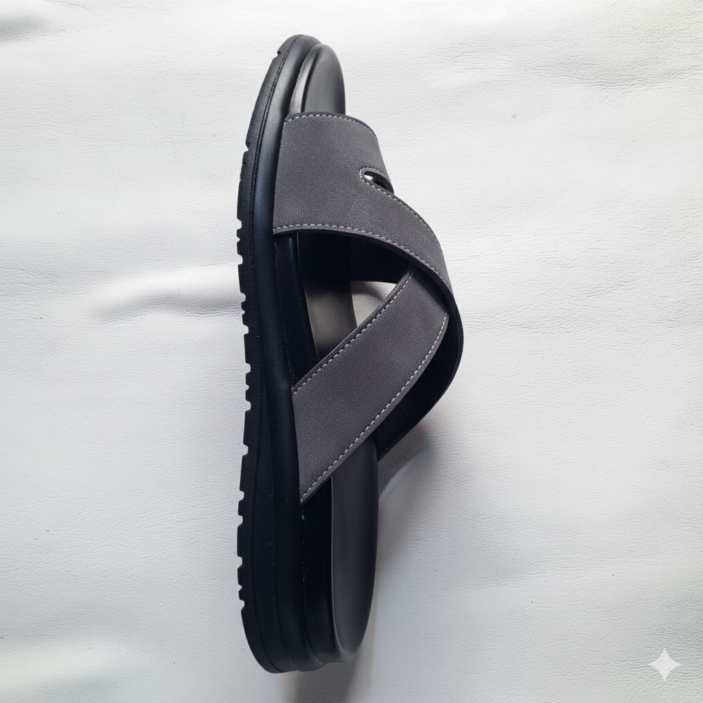 Men Grey Criss Cross Slide Sandal with Buckle